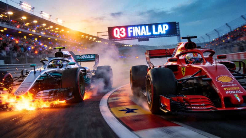 F1排位赛Q3最后时刻，梅赛德斯与法拉利赛车在赛道上飞驰争夺杆位